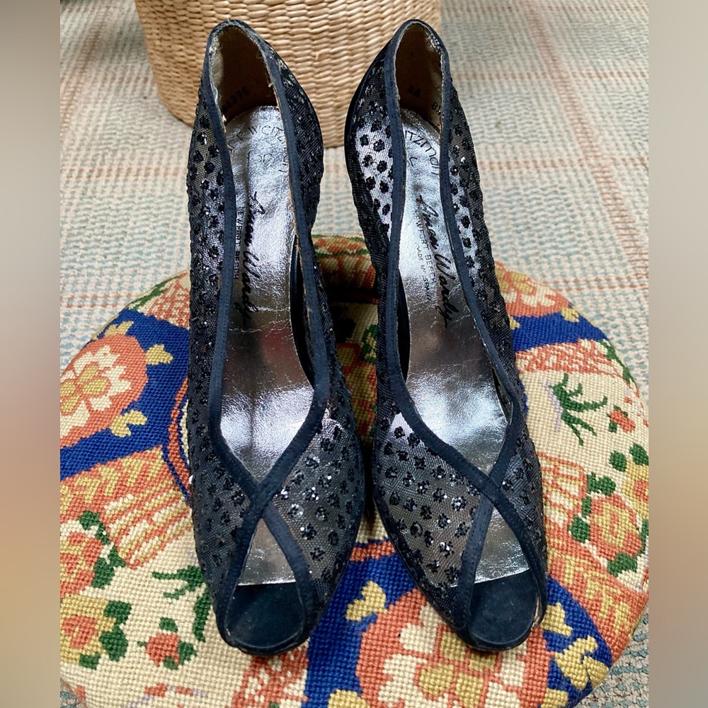 Stuart WeizmanVintage Sequined Mesh+Satin Peep Toe Pump. *Made in Spain